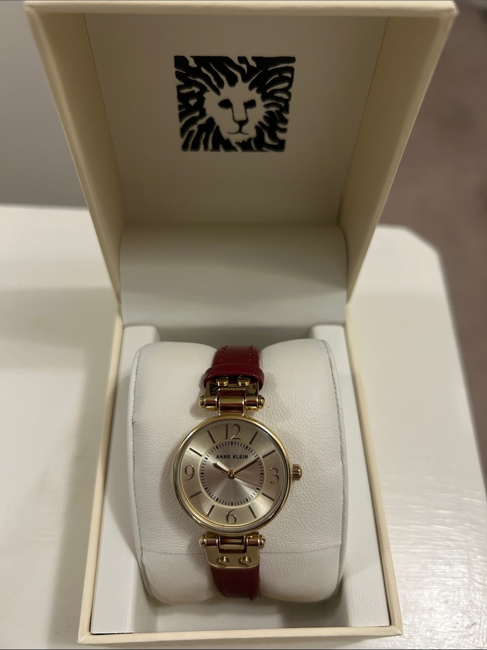 Anne Klein Burgundy Leather Strap Gold-Tone Round Women's Watch